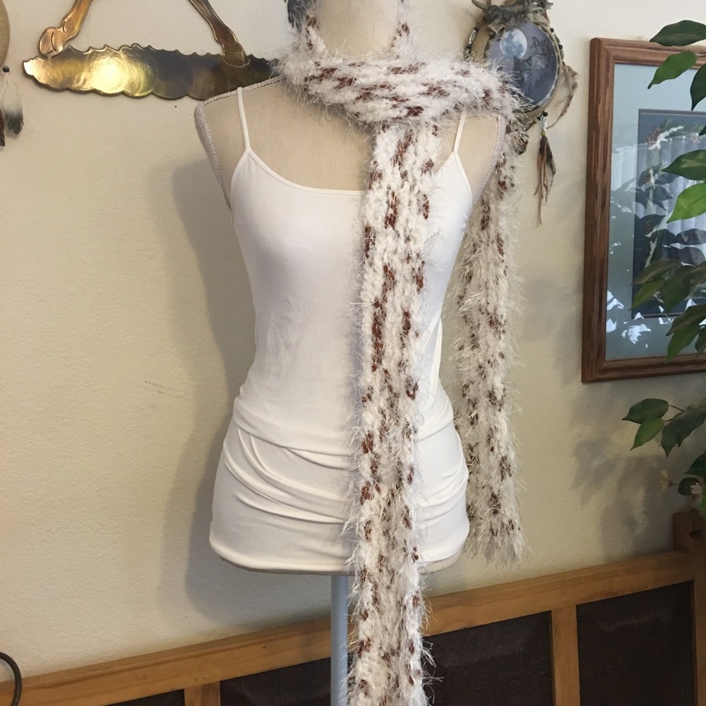 Brown and white fluffy eyelash scarf wrap sash